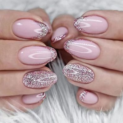 24 Stück Künstliche Nägel Kurz Mandel Rosa Glänzend Französisch Acryl Press on