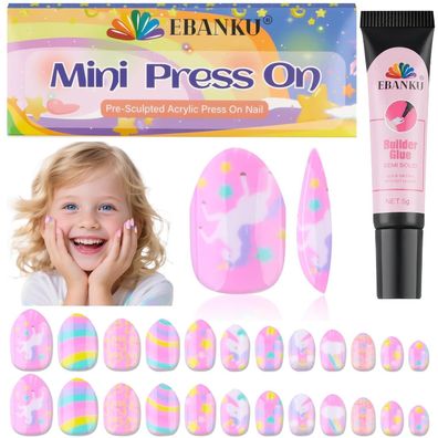 EBANKU 24 Stück Press on Nails für Kinder, Mandel Pferd Fake-Nagel-Kit, kurze
