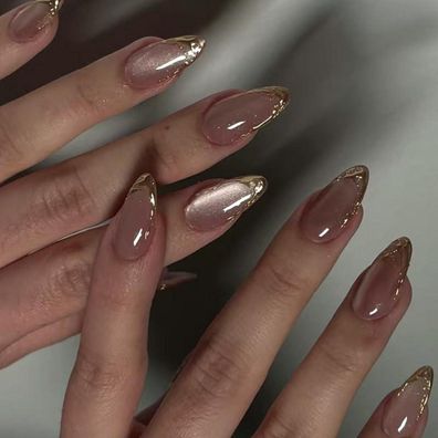 MouyouGlow Kurz Almond Cat Eye Baby Rosa Gold Twill French Magnetic Fake Nails