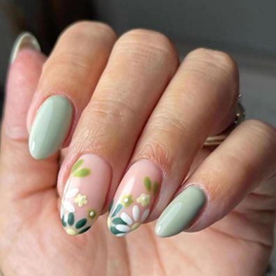 24 Stk. Künstliche Nägel Kurz Mandel Französisch Grün Blume Acryl Press on