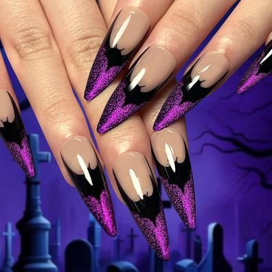 24x Halloween French Lila Mandel Kunstnägel zum Aufkleben mit Fledermaus