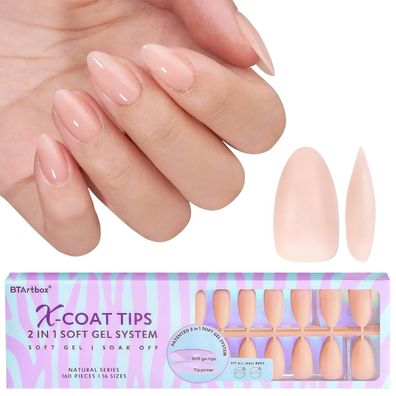 BTArtbox Short Almond Soft Gel Nail Tips, 150 Stück PRE-DESIGNED Xcoattips Beige