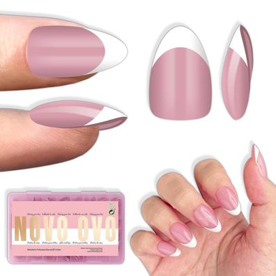 NOVO OVO Almond Short White French Tip Nagelspitzen, Berry Pink, 224 Stück, 16