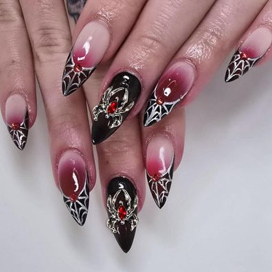 MouyouGlow Press on Nails Kurz Almond Halloween Spinnennetz French Rot Gradient