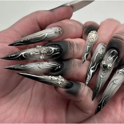 MouyouGlow Press on Nails Stiletto Schwarz 3D Herz Cross Flamme Gothic Fake