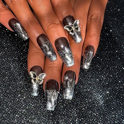 Sethexy Lange Sarg-Falschnägel, handgefertigt, Strass, Glitzer