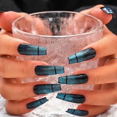 Sethexy Funkeln Katzenauge Künstliche Nägel Langer Sarg-Kunstnagel Blau