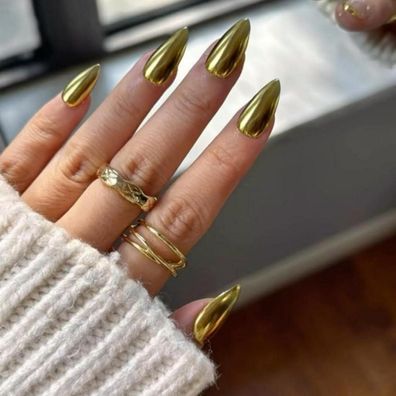 KQueenest Chrome Press On Nails - Metallic Gold Mittel Mandel, Spiegel Effekt