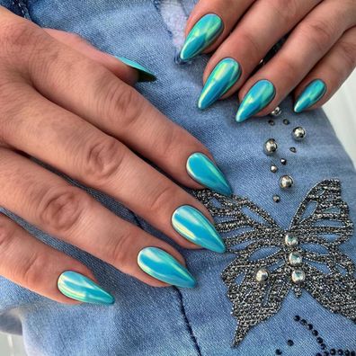 KQueenest Chrome Press On Nails - Türkis Blau Mandel, Spiegel Effekt
