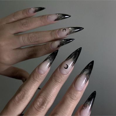 MouyouGlow Stiletto Halloween Mondhexe Künstliche Fingernägel Lang Schwarz