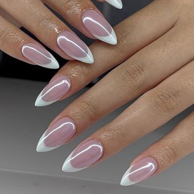 KQueenest Chrome Press On Nails - Glitzer French Weiß, Mittel Mandel, 24 Stück