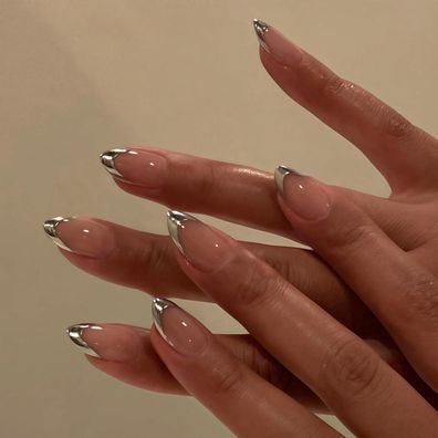 KQueenest Chrome French Tip Press On Nails - Glitzer Silber, Kurz Mandel
