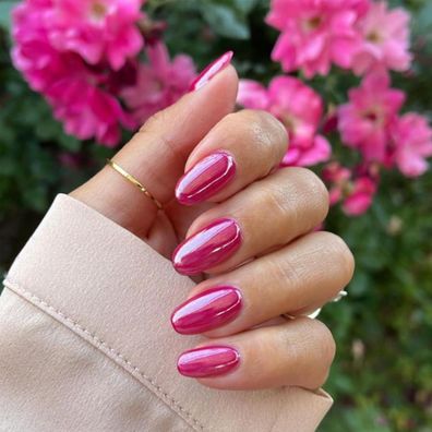 KQueenest Chrome Press On Nails - Glitzer Violett Rosa, Mittel Mandel, 24 Stück