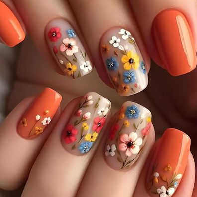 Ceboic 24 Stk. Kurz Quadratische Press on Nails mit Süßen Blumen - Orange
