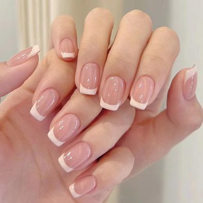 Ceboic 24 Stück Kurz Quadratische French Press on Nails, Weiß/Rosa Glänzend