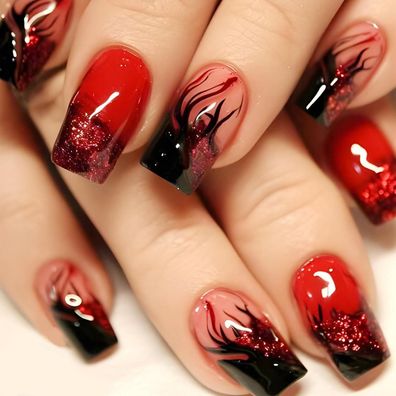 Ceboic 24 Stück Rot Glitzer Press on Nails Mittel, Französische Nägel zum