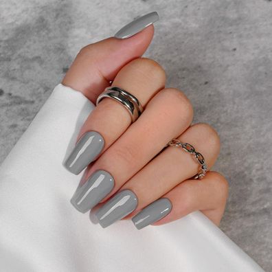 KQueenest Soft Gel Press on Nails Kurz Lang - Sheer Grau, Eckig, Dunkel Gray