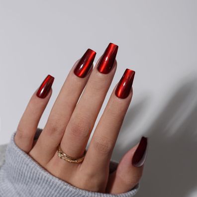 KQueenest Cat Eye Press on Nails Lange Sarg Rot Schwarz mit Bling Glitzer, 24