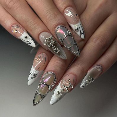 MouyouGlow Kurz Almond Beige Weiß French Verlauf Schwarz 3D Chrome Stars Silber