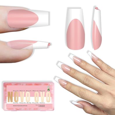 NOVO OVO Weiße French Tip Coffin Nagelspitzen, Baby Pink, Extra dick, 240
