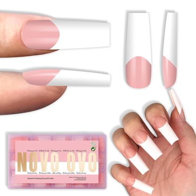 NOVO OVO Old School French Tip Nägel - Lang konisch Square Baby Pink, 240 Stück