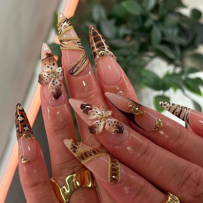 Auroriel 24x French Tip Almond Nägel Lang Braun Floral Leopard Print