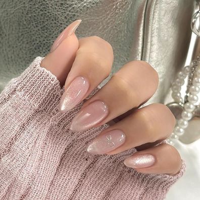 24 Stück Mandel French Tip Press on Nails Rosa Katzenauge mit 3D Bow