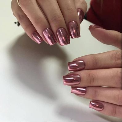 KQueenest Chrome Press On Nails - Mittelkurz Eckig, Metallic Rosa mit