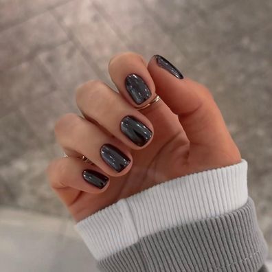 KQueenest Chrome Press On Nails - Kurz Eckig Metallic Schwarz, 24 Stück