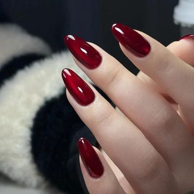 MouyouGlow Lange Mandel Press on Nails Dunkel Rot Burgundy Cat Eye Magnetic