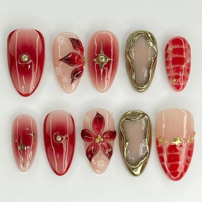 Auroriel 24x Medium Almond Press on Nails Rot mit 3D Blumen & Goldperlen Design