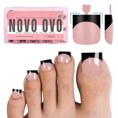 NOVO OVO Baby Pink Black French Tip Zehennägel, quadratisch, Medium, 240 Stück