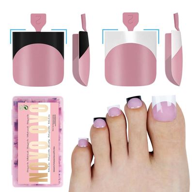 NOVO OVO Halloween French Tips Zehennägel, Schwarz Weiß Mix, Scharf Quadrat