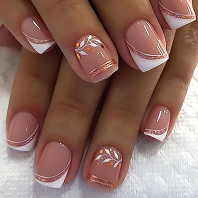 Ceboic 24 Stück Kurz Eckig French Press on Nails Beige Rosa mit Blätter Design
