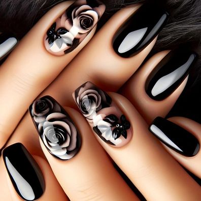 24 Stück Schwarze Rose French Press on Nails mit Blumenmuster - Künstliche