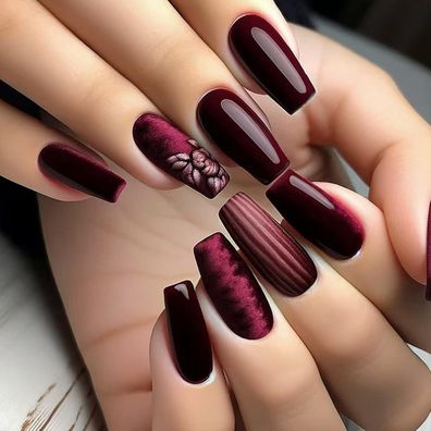 24 Stk. Mittel Quadratische French Press on Nails Dunkelrot, Glänzend
