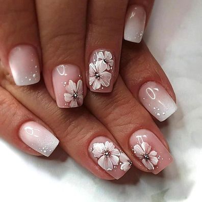 Ceboic 24 Stück Kurz Eckige French Press on Nails Beige Rosa Farbverlauf mit