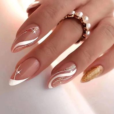 24 Stück Künstliche Nägel Mandel French Weiß Stern Glitzer Acryl Nägel Zum