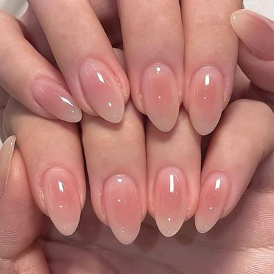 Ceboic 24Pcs Kurze Mandel Press on Nails Beige Rosa Französisch Nägel zum