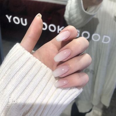 LOPHE Kurz Eckig French Press On Nails, 24 Stück Beige Farbverlauf Künstliche