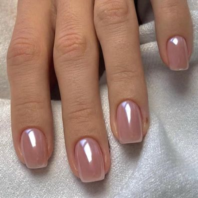 Ceboic Beige Pink French Press on Nails, 24 Stück Glänzend Chrom Eckig Kurz