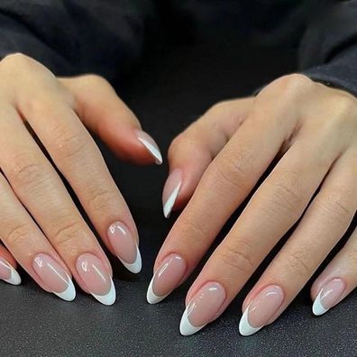 LOPHE Press On Nails Medium Eckig, 24 Stück Beige French Fake Nails mit Kleber