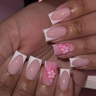 24 Stück Kurz Eckig Beige Rosa Blumen Press on Nails - French Acryl Kunstnägel