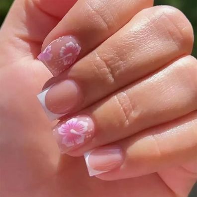 CharmBurst 24x Kurz Rosa Press On Nails mit Blumenmuster, Square Aufklebbare