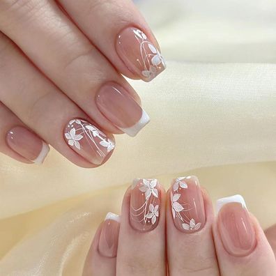 Virellay Falsche Nägel Französisch Blumenmuster Kurz - 24 Stück Klebe Fake