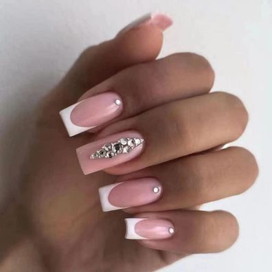 Sethexy Französische Ballerina Strass Kunstnägel 24 Stück Rosa Acryl Klebenägel
