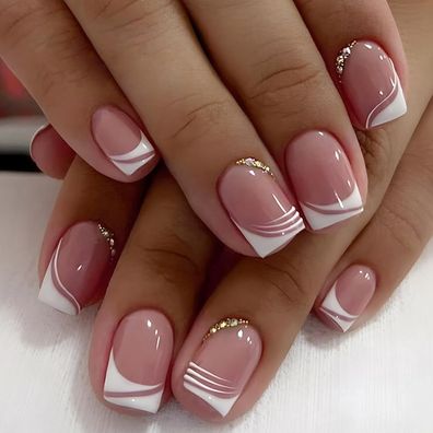 Ceboic 24 Stück Kurz Beige Rosa Eckig French Press on Nails Ballerina Fake Nails