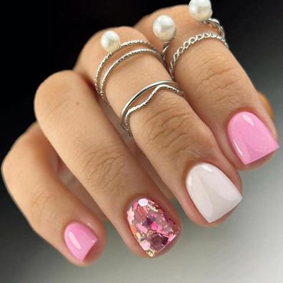 Ceboic 24 Stück Kurz Press on Nails Rosa Weiß Französische Full Cover