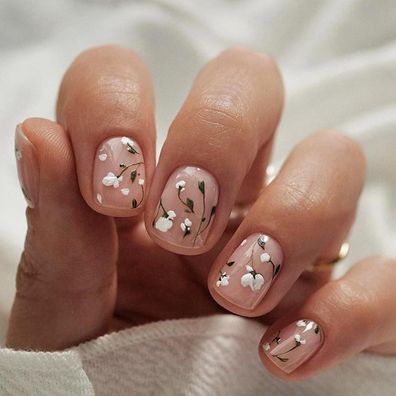 Ceboic 24 Stk. Kurz Quadratische French Blumen Press on Nails Acryl Falsche