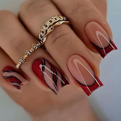 Ceboic Eckig Press on Nails Kurz, French Tips Kunstnägel zum Aufkleben, Rote